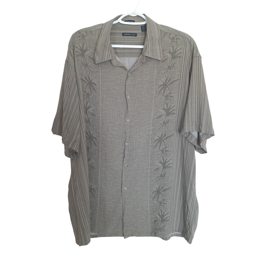 Van Heusen Studio Mens XL Olive Green Palm Tree Rayon Short Sleeve Camp Shirt